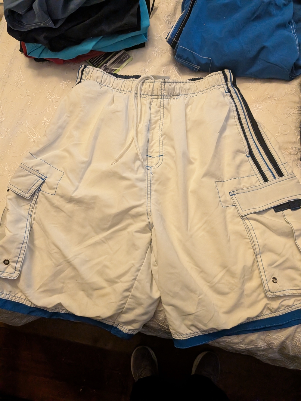 Men's White Cargo Swim Shorts with Navy Trim and Stripes
